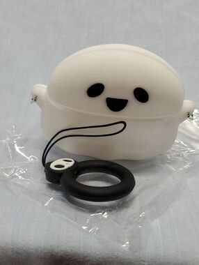 White Cute Silicone Earbud Case with Black Keyring Strap